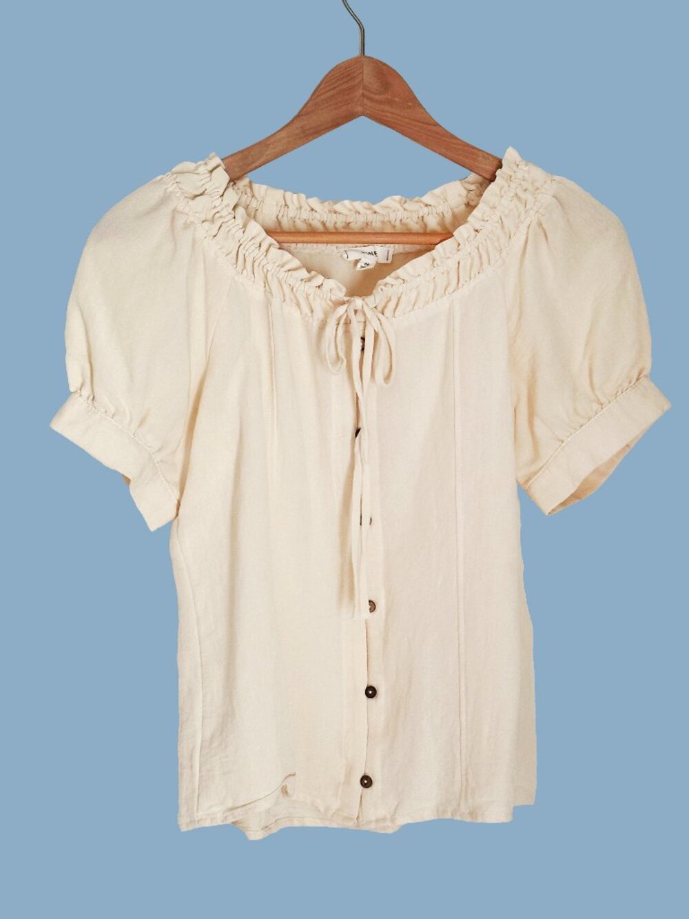 Mine Cream Peasant Blouse Ruffle Neck Tie Front Puff Sleeve Cottagecore Coquette